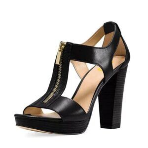 FSJ Black Peep Open Toe T-Strap Front Zipper Chunky Stacked High Heel Sandal